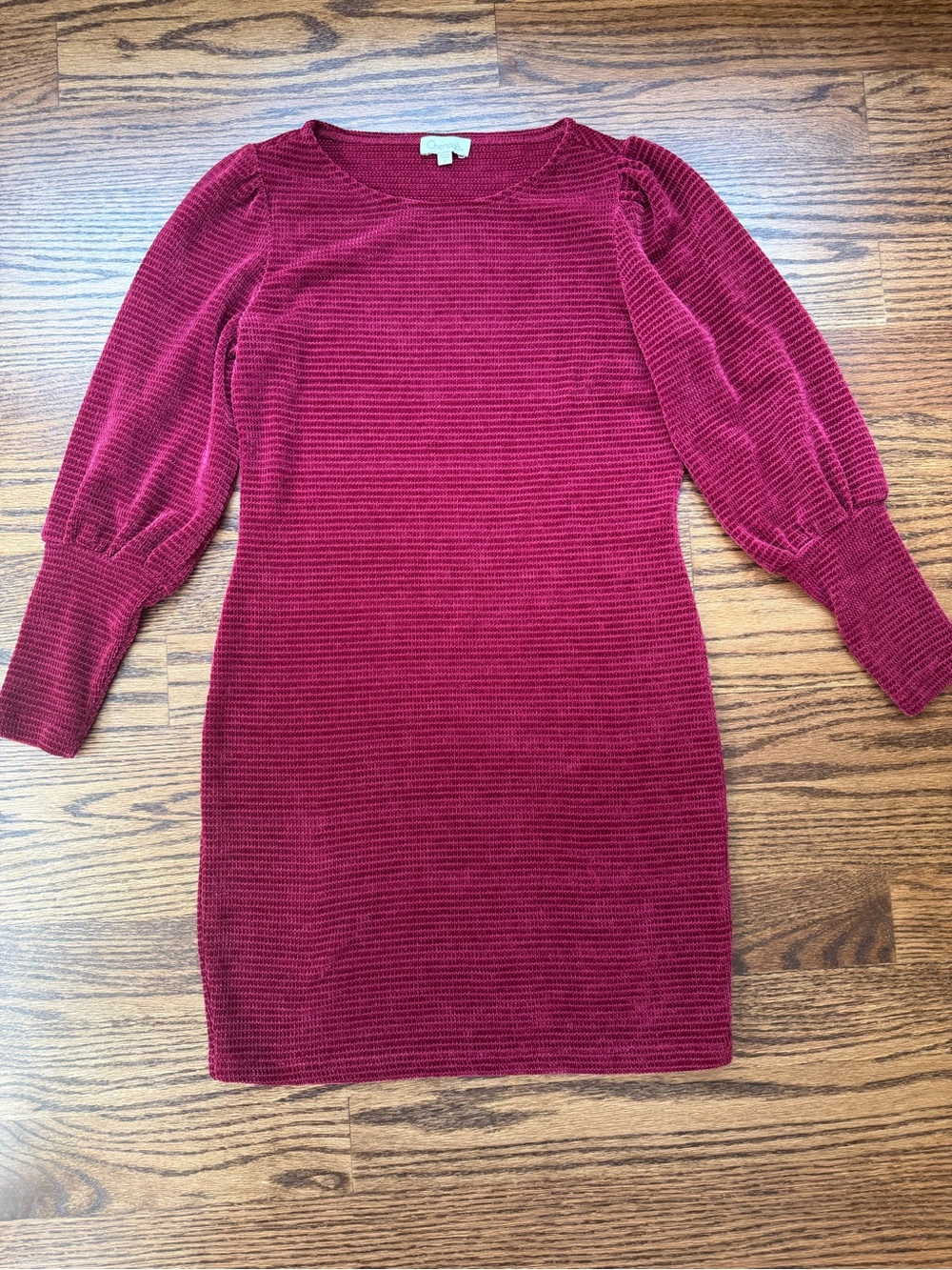 Chenault Burgundy Ribbed Puff-Sleeve Sweater Dress